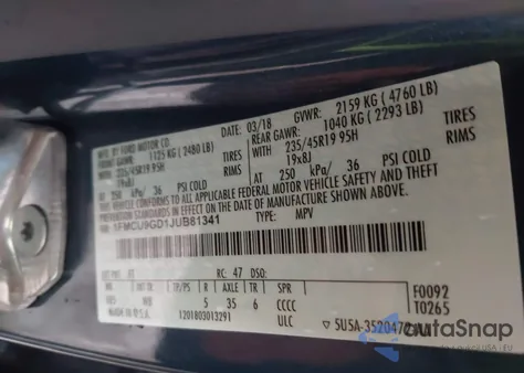 2018 Ford Escape Se z USA, uszkodzony, nr VIN 1FMCU9GD1JUB81341